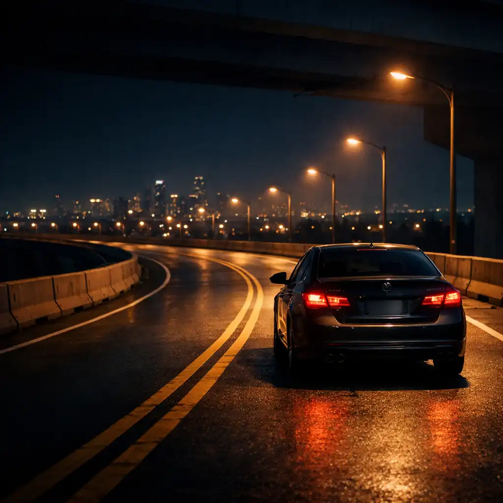 A car travelling along a gently curving elevated road at night with amber lamps and a clear forward sightline.