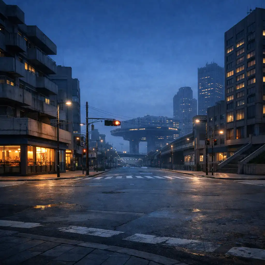 A broad city intersection at blue hour with several visible route choices, concrete facades, and a distant elevated structure.