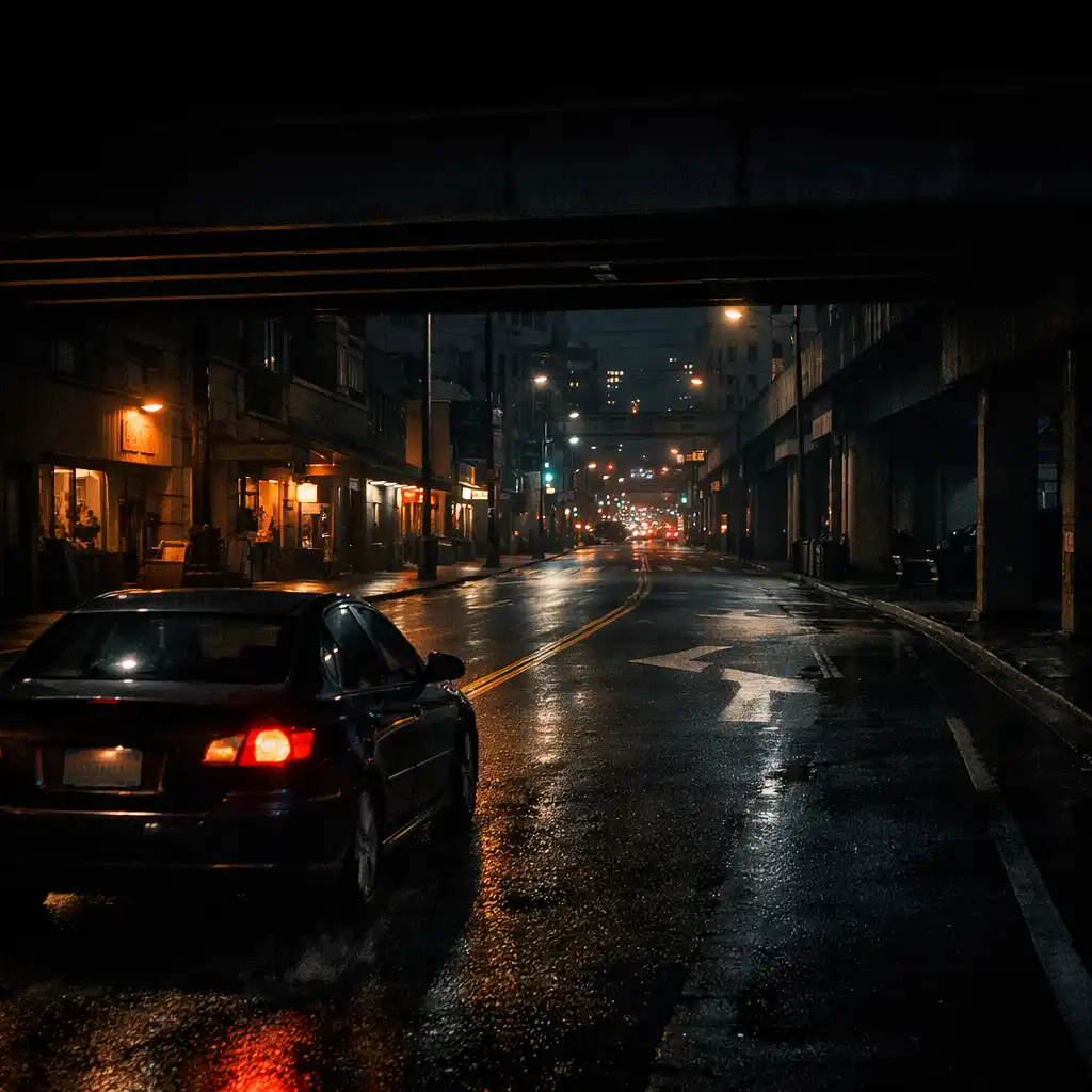A car moving through a dark urban corridor with amber storefront light and a visible route ahead.