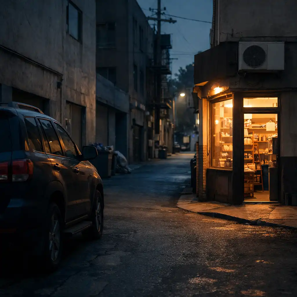 A dusk side street with concrete facades, warm storefront light, and a route receding into the distance.