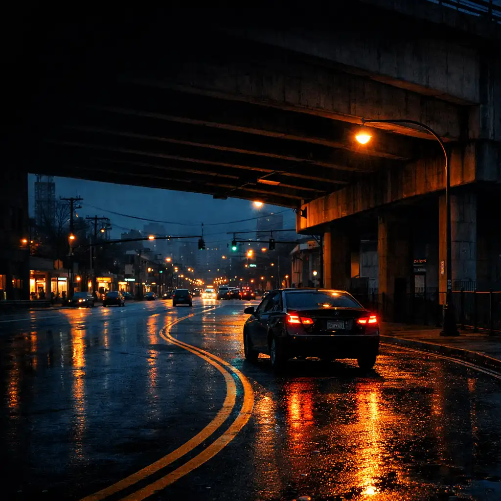 Anonymous car travelling along a wet city street beneath a concrete overpass at dusk