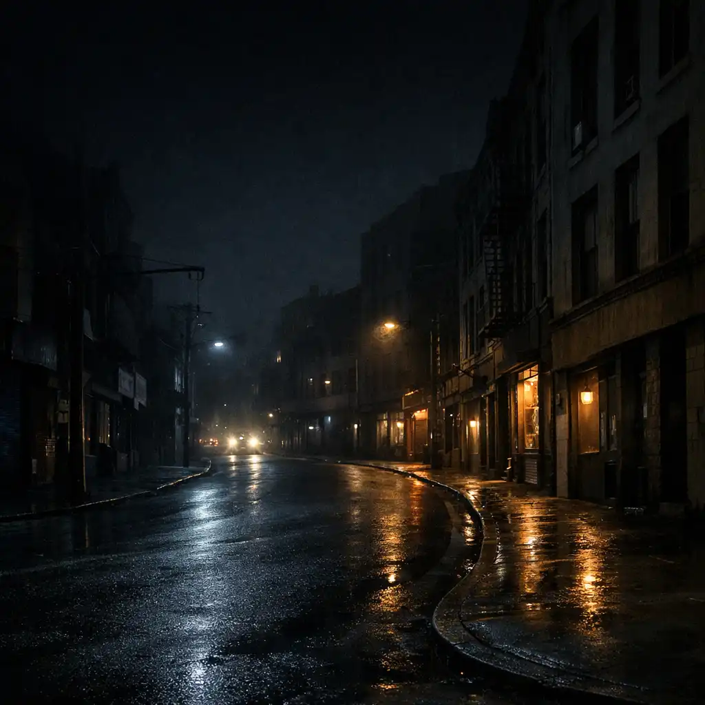 An unnamed nocturnal urban street with wet asphalt, distant headlights, and warm storefront light, used to suggest route orientation.