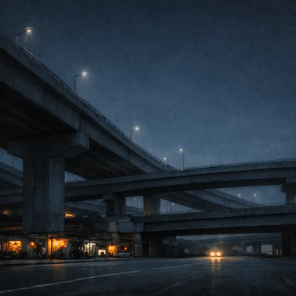 An unnamed urban overpass at blue hour with layered concrete roads and distant headlights, used as a contemplative city image.