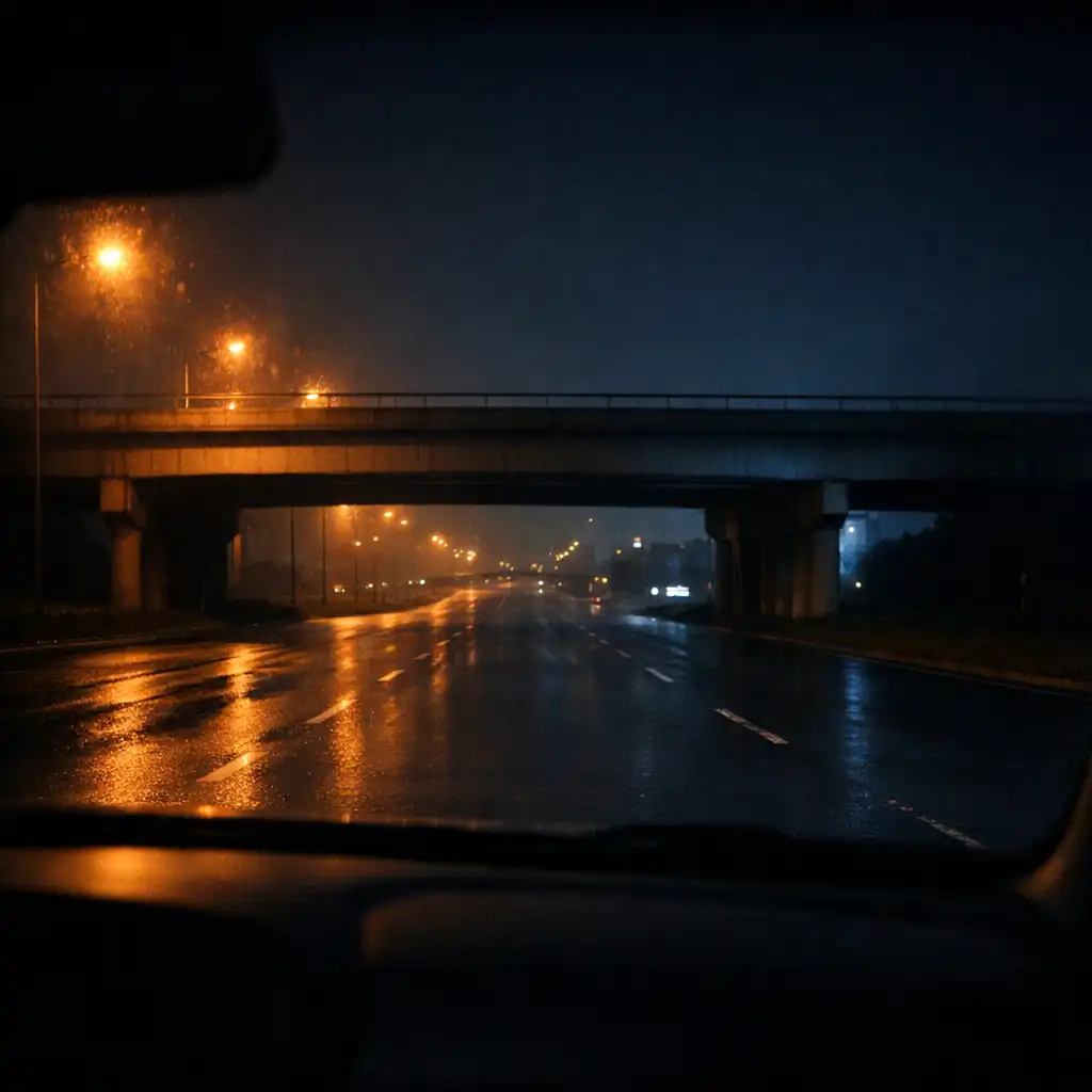 A non-specific nighttime road viewed through a windscreen beneath an overpass, communicating a driving-aware perspective.