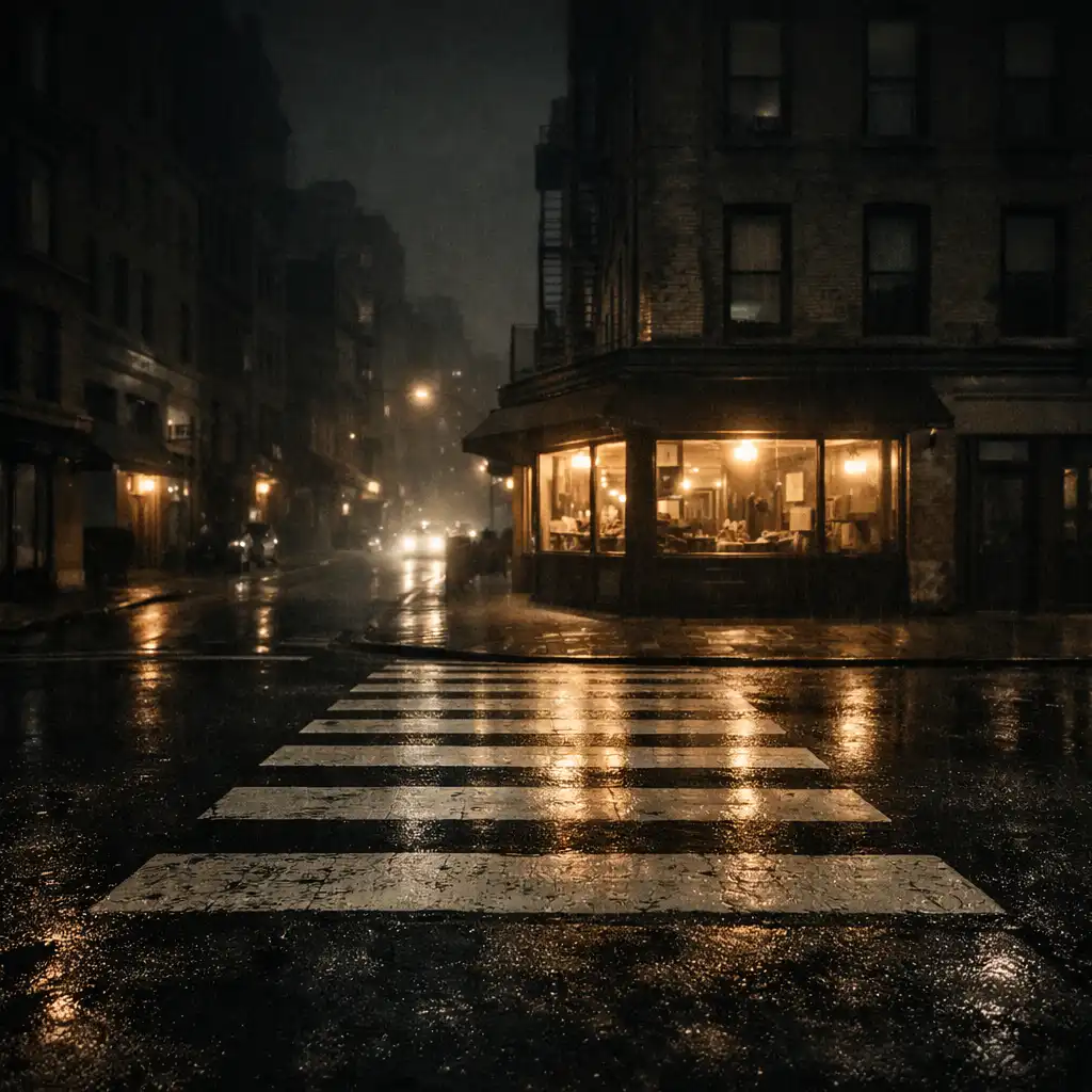 Rain-dark crosswalk leading toward a softly glowing corner storefront at night