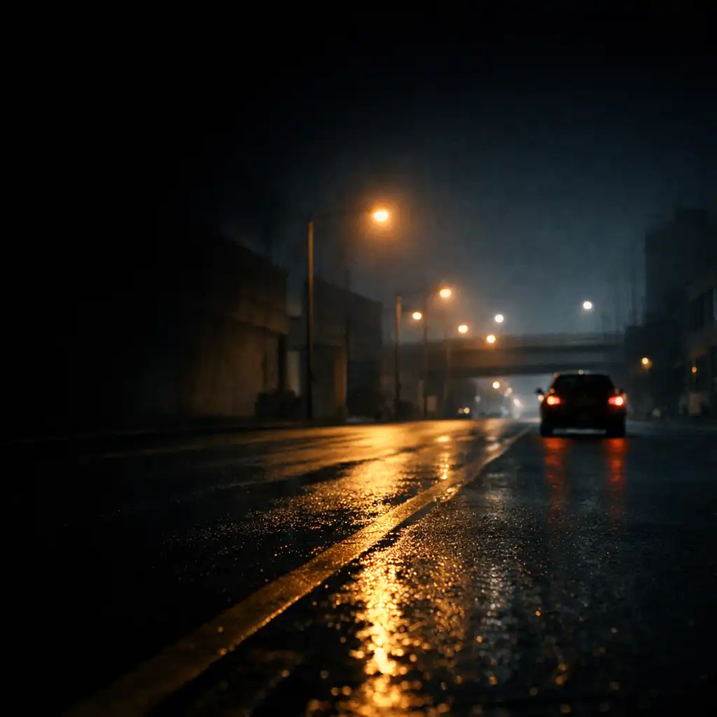 Wet nighttime roadway leading beneath a distant overpass, with amber reflections and cool concrete shadows.