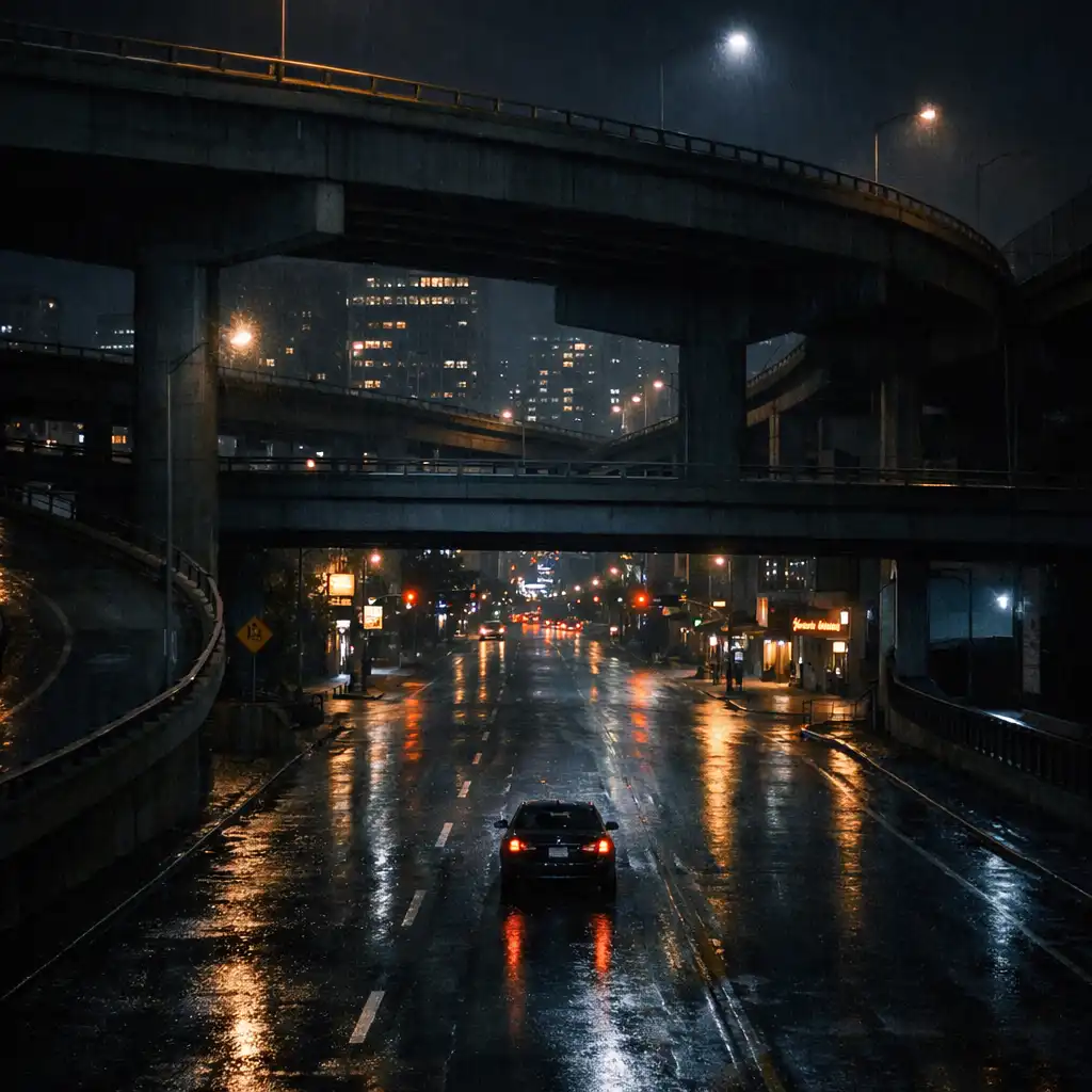 Broad nighttime street beneath layered overpasses, with a small vehicle and distant city lights showing the scale of the route.