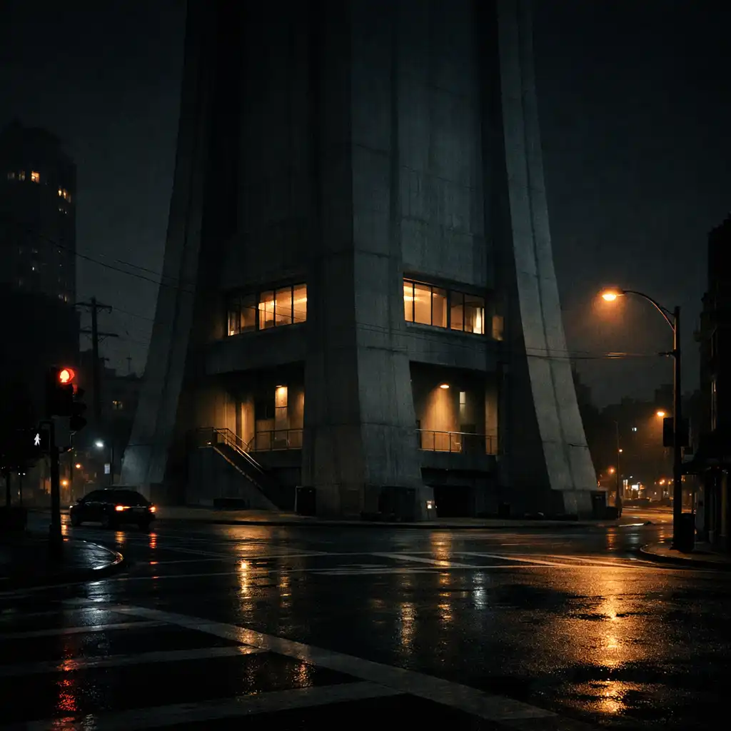 Night intersection framed by concrete buildings, illuminated windows, street lamps, and reflective pavement.