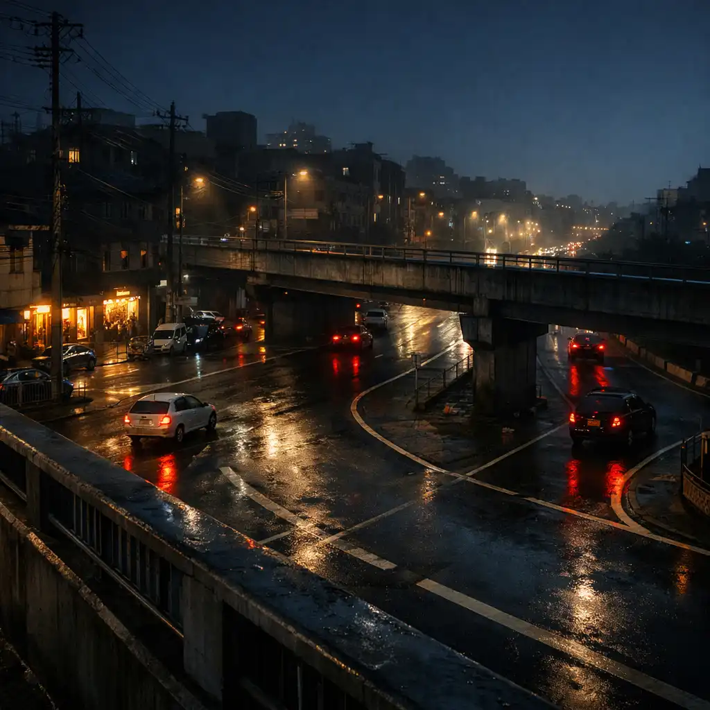 Elevated nighttime view of intersecting city streets, overpass edges and amber vehicle lights