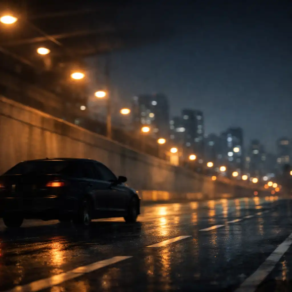 Dark vehicle silhouette moving along marked wet pavement in a nighttime city corridor