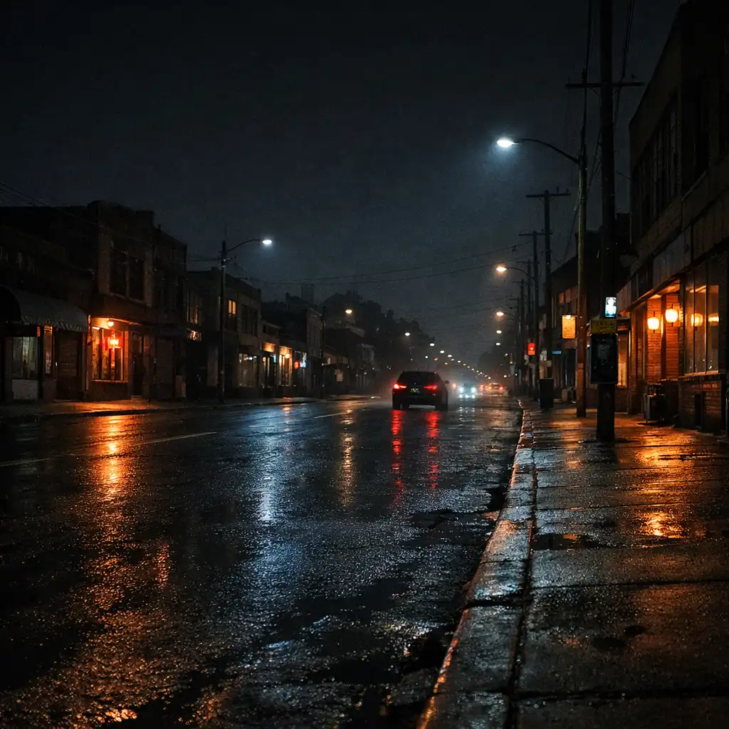 Night street with wet pavement, concrete buildings, amber light and a distant vehicle silhouette