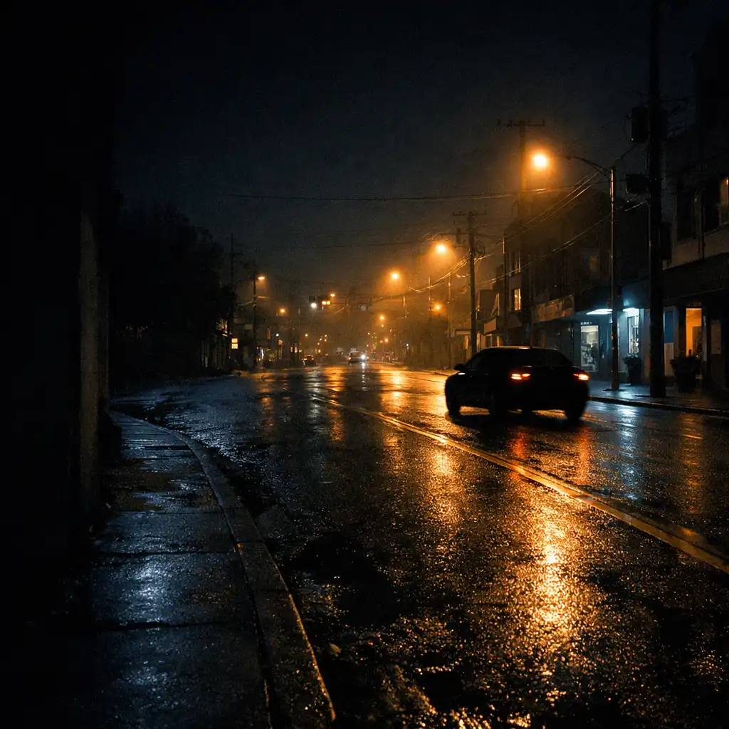 A wet nighttime city street leading toward a distant amber-lit intersection