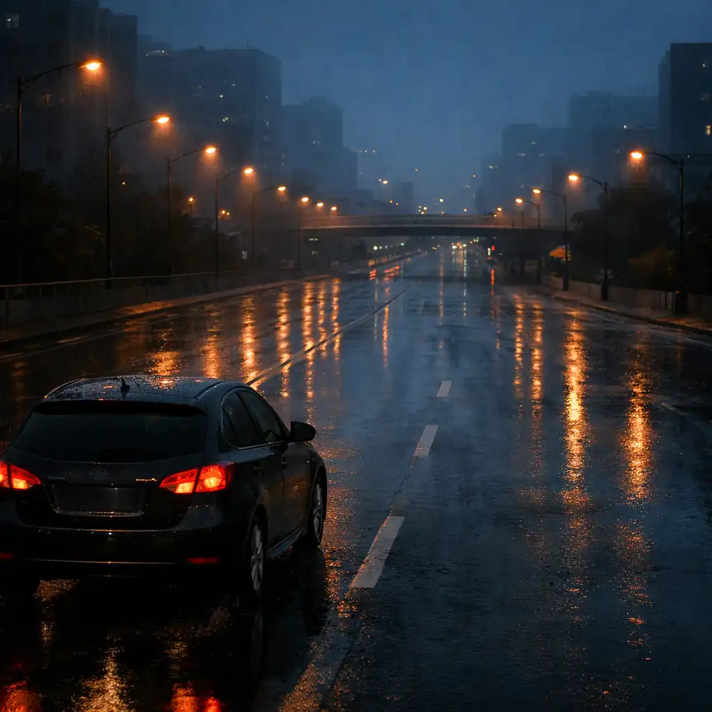 An anonymous dark car travelling along a rain-dark road with city lights ahead