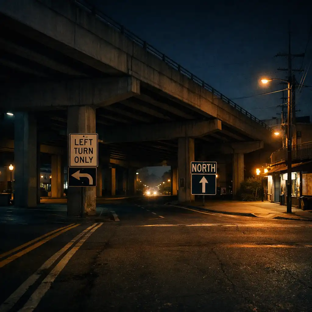 A night-time overpass and side street showing several possible routes through the city