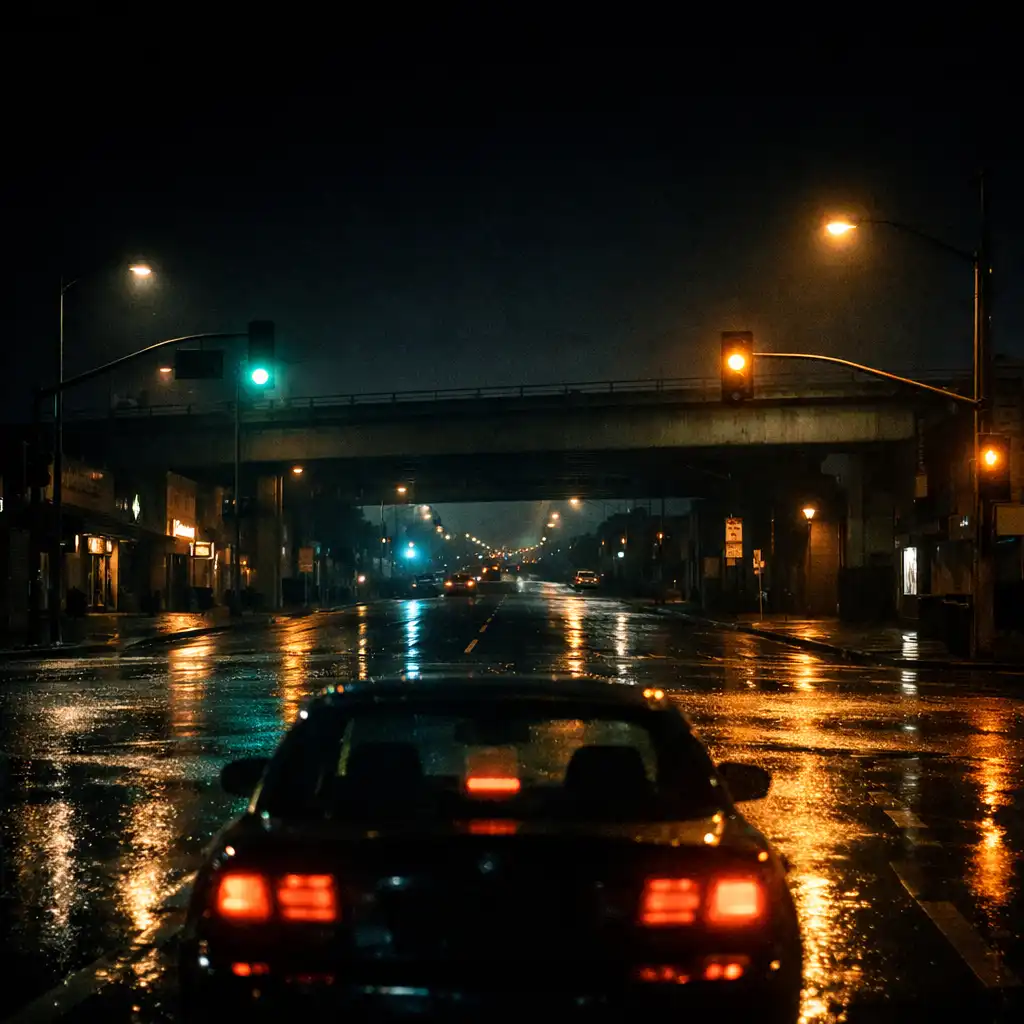 A vehicle travelling through a wet city intersection at night, with an open roadway ahead beneath cool concrete-blue shadows and amber street light.