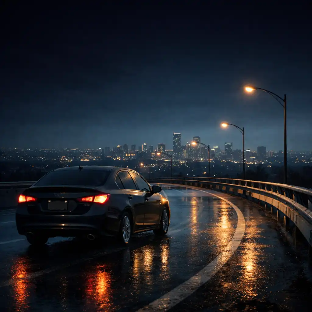Anonymous car entering a curve on an elevated concrete road with distant city lights