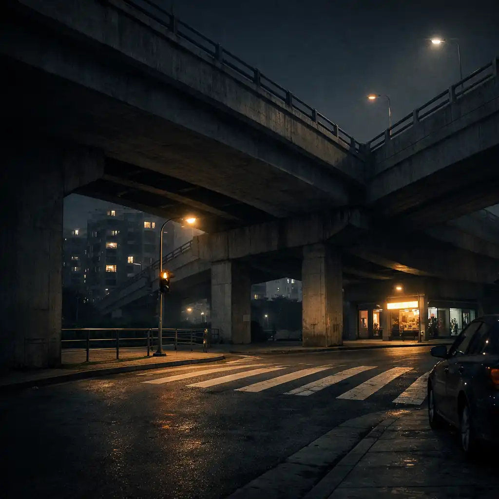 Nighttime intersection beneath concrete underpasses with crosswalk markings and distant storefront light